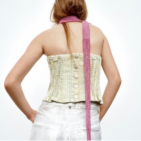 NWOT Zara Green & Yellow Striped Denim Button-Back Corset Bandeau Top - Picture 5 of 13